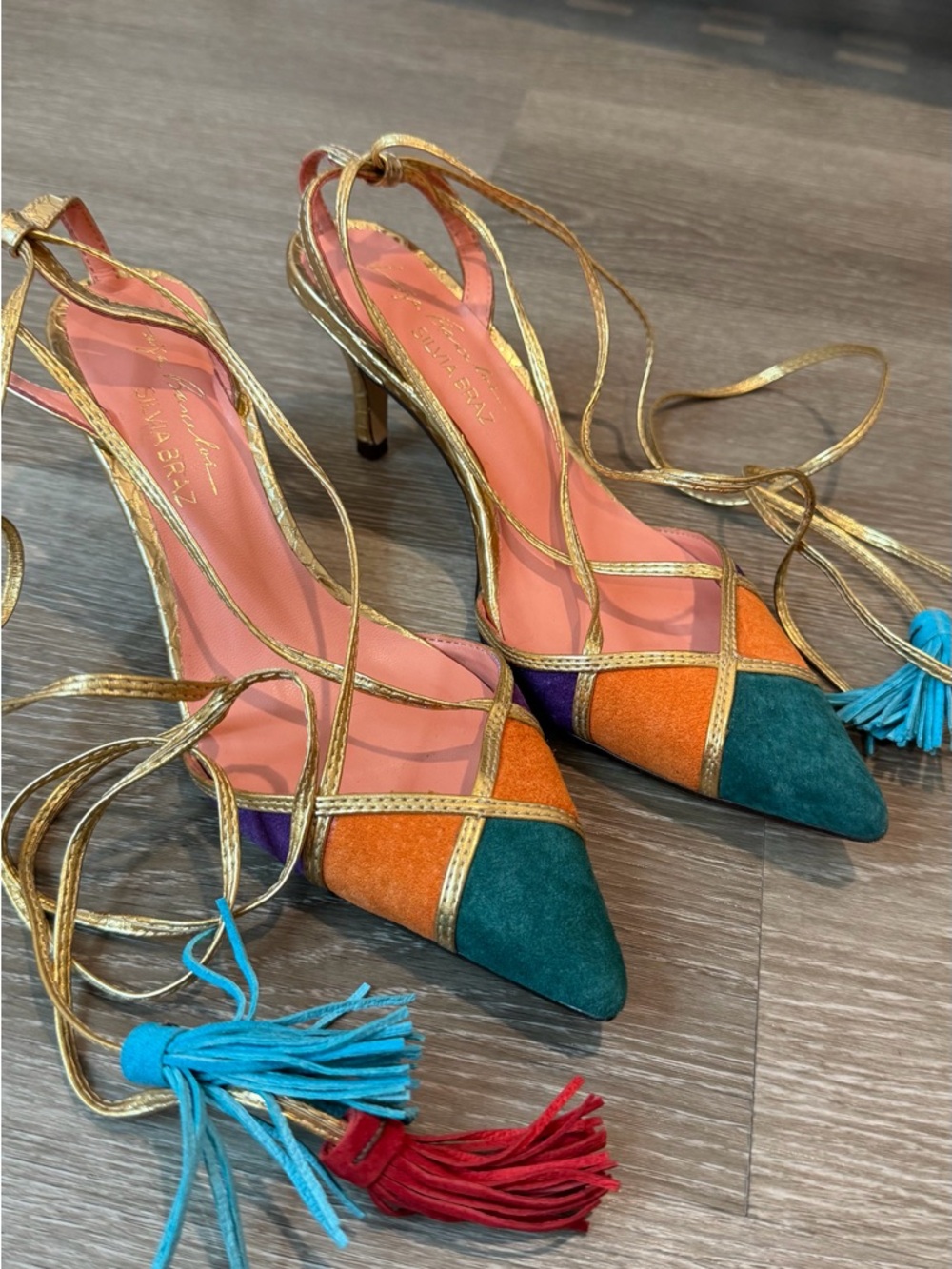 Brazilian shoesGold-Trim Multi-Color Suede Pointed Lace-Up Heels